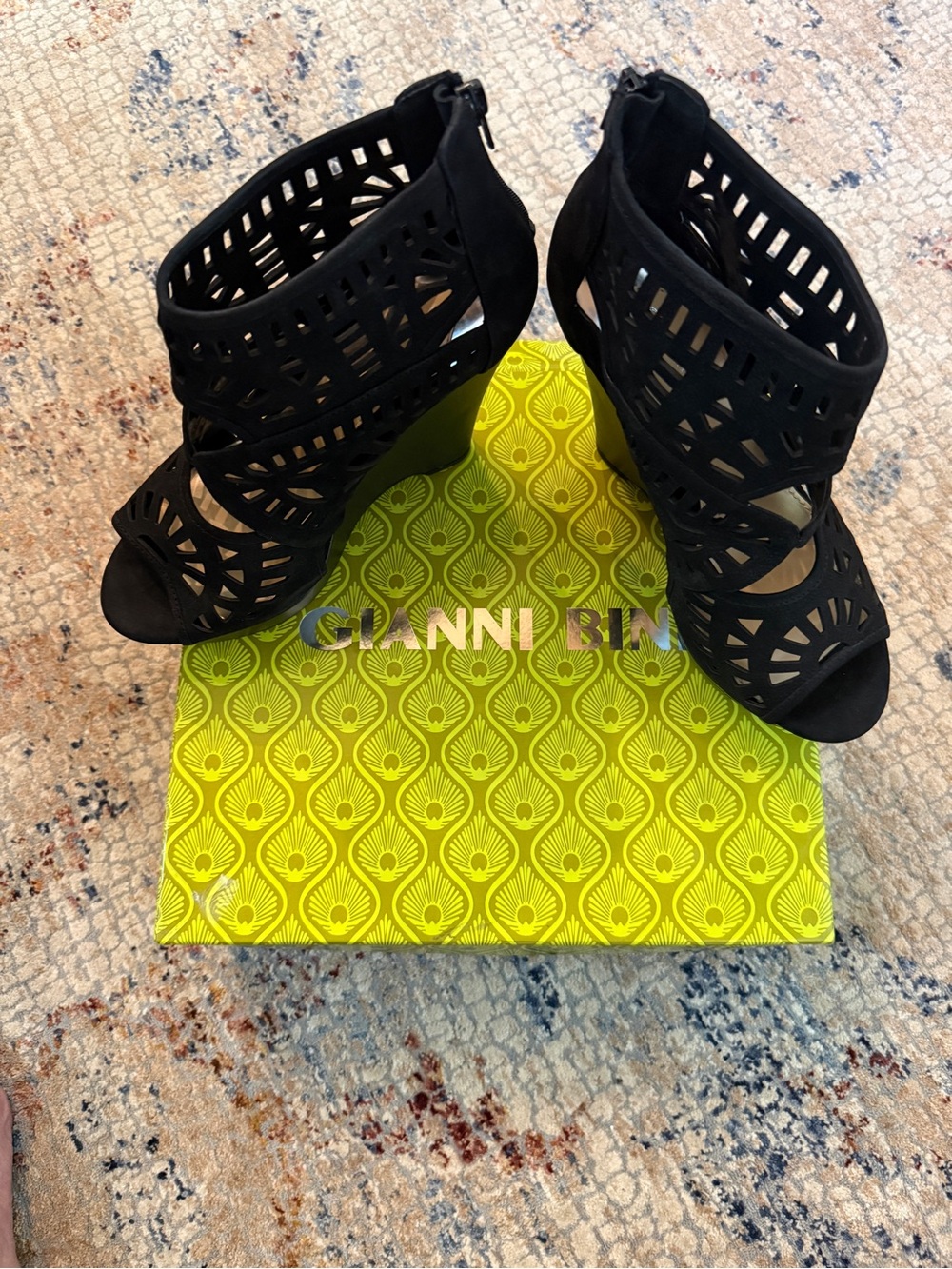 Gianni Bini Black Laser-Cut Wedge Sandals